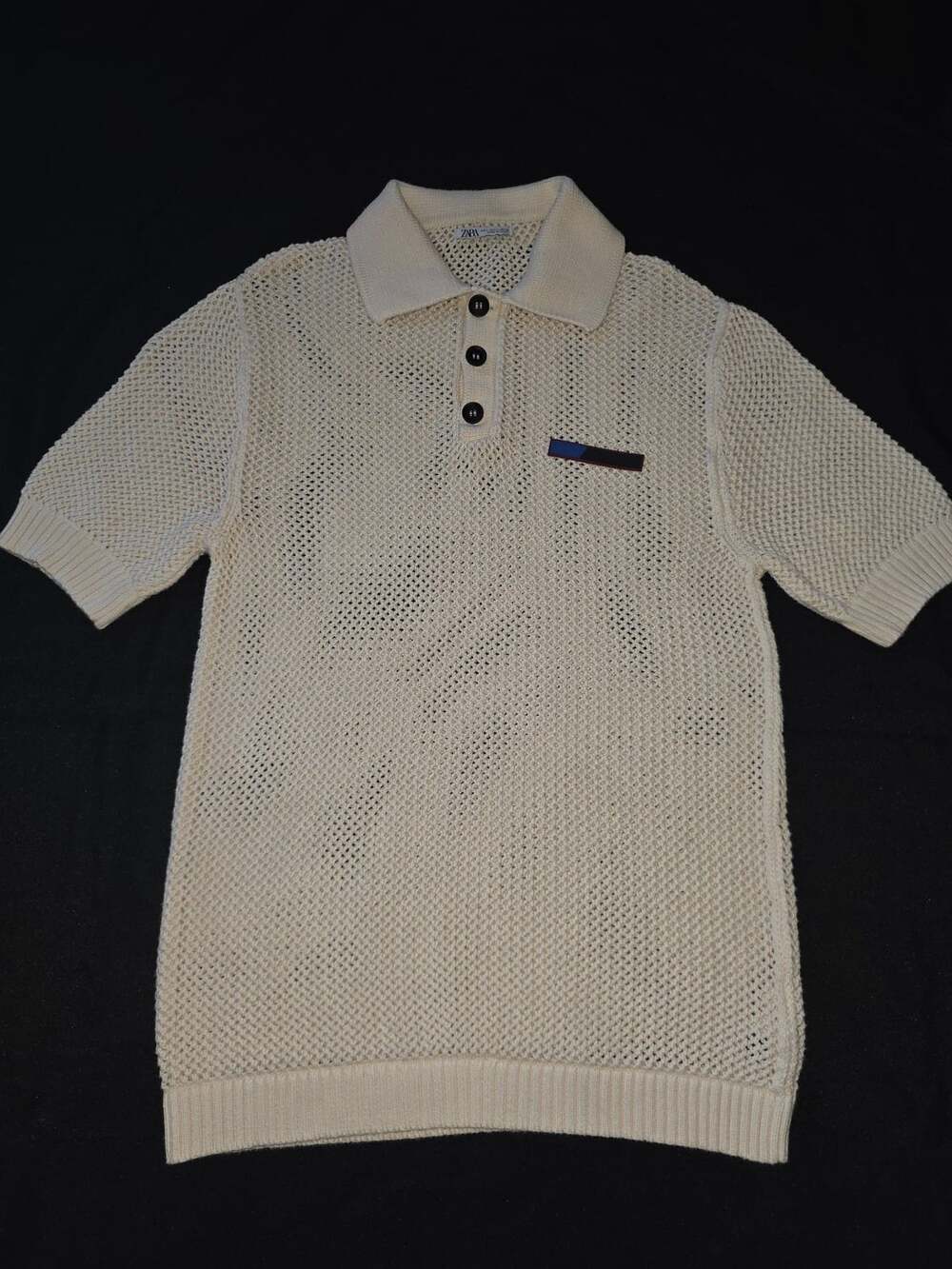 Zara Open Knit Crochet Polo Shirt Cream Size L